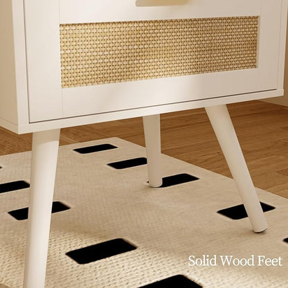 JOONEE Rattan Nightstand with Charging Station,Farmhouse Bedside Table with 2 Storage Drawer and Open Wood Shelf, for Bedroom and Small Spaces,Night Stand with Solid Wood Legs (White-Outlet)
