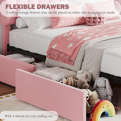 IDEALHOUSE Twin XL Bed Frame for Kids, Boucle Upholstered Platform Bed for Girls with 2 Flexible Drawers, Bookcase Headboard, Noise-Free, Easy Assembly, No Box Spring Needed, Pink