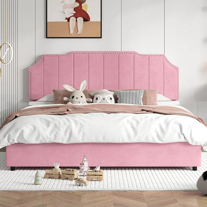 VECELO Queen Velvet Upholstered Platform Bed Frame with 4 Rollers Storage Drawers,Queen Size Bed with Tufted Height Adjustable Headboard,Wooden Slats/No Box Spring Needed/Easy Assembly