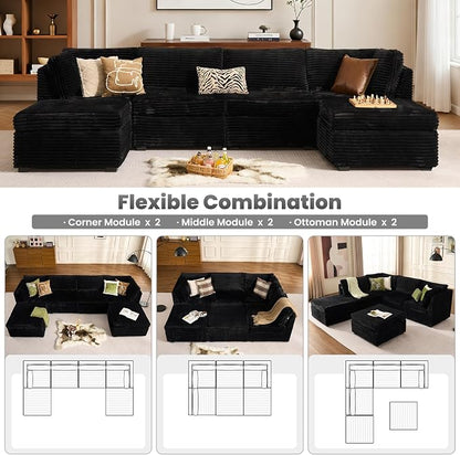 ovios Modular Sectional Sofa Couch with U-Shape Chaise Ottomans, Comfy Plush Corduroy Cloud Couches, Modern Luxury Deep Seat Sofas Set for Living Room, 6-Seater, Black