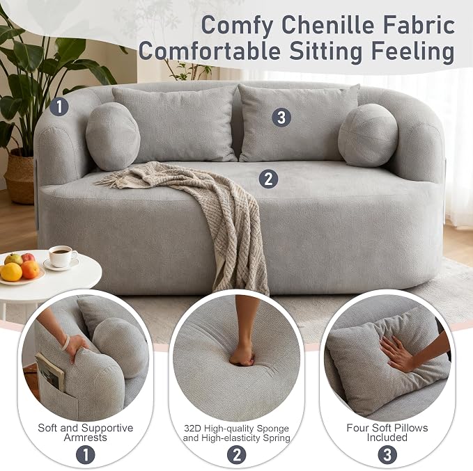 Loveseat Sofa for Small Space, 67.3" Boneless Love Seat Sofa with Side Pocket & 4 Pillows, Foam and Spring Filling, Soft Chenille for Living Room, Apartment, Bedroom, No Assembly