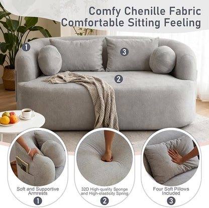 Loveseat Sofa for Small Space, 67.3" Boneless Love Seat Sofa with Side Pocket & 4 Pillows, Foam and Spring Filling, Soft Chenille for Living Room, Apartment, Bedroom, No Assembly