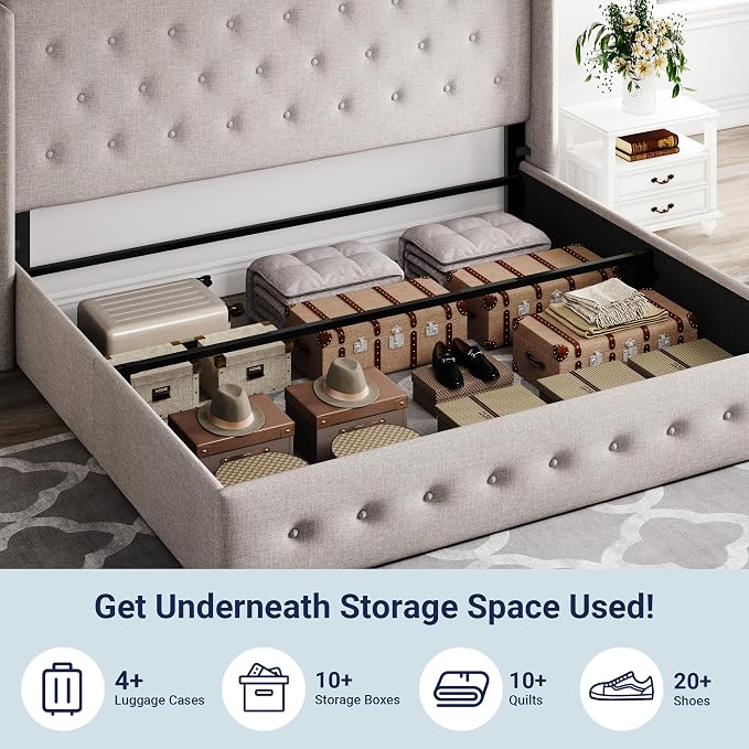 Allewie King Size Lift Up Storage Bed, Button Tufted Headboard with Wingback, Hydraulic Support, No Box Spring Needed, Light Beige