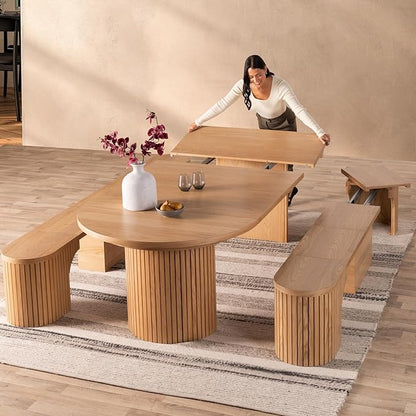 Transformer Table - Solid Wood Extendable Round Dining Table Set with 2 Benches, Seats 4-10, Extendable Round Dining Set, Bench with Panel Storage, Natural (Table + 2 Benches)