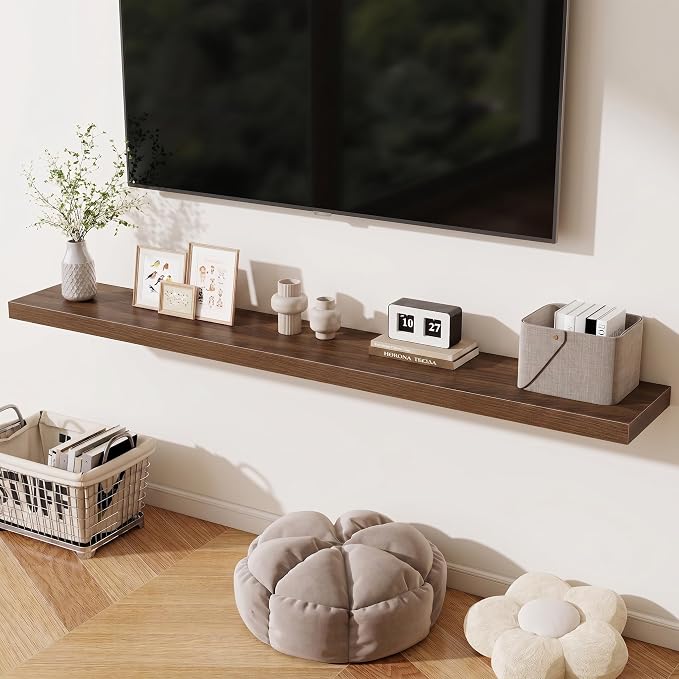Fun Memories 72 Inch Fireplace Mantel Shelf, 10 Inch Deep Shelves for Display & Wall Storage, Rustic Wood Wall Shelf, Extra Long Floating Shelves for Living Room Laundry Room, Walnut, Set of 2