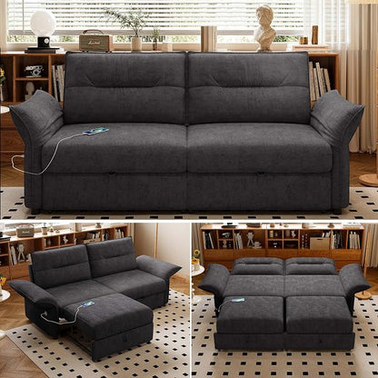 85'' Sofa Bed Full, Assembly, 3 in 1 Sleeper Sofa Beds, Flannel Pull Out Couch for Living Room, Charging & Adjustable Armrest, Comfy Loveseat for Small Space, Flannel Dark Grey