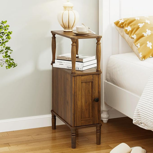 Veegle Narrow Nightstand,Skinny End Side Table (Walnut Brown) | Mid-Century Modern Night stand with Storage,Bedside Table for Bedroom and Living Room