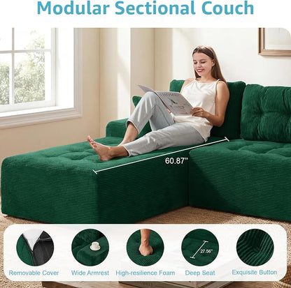 Hobestluk Modular Sectional Sofa Couches L-Shape Couch 3 Seat Modular Sofa Memory Foam Sectional Couches for Living Room, Cloud Couch with Oversized Chaise (Emerald Corduroy, 108", Left Hand Facing)