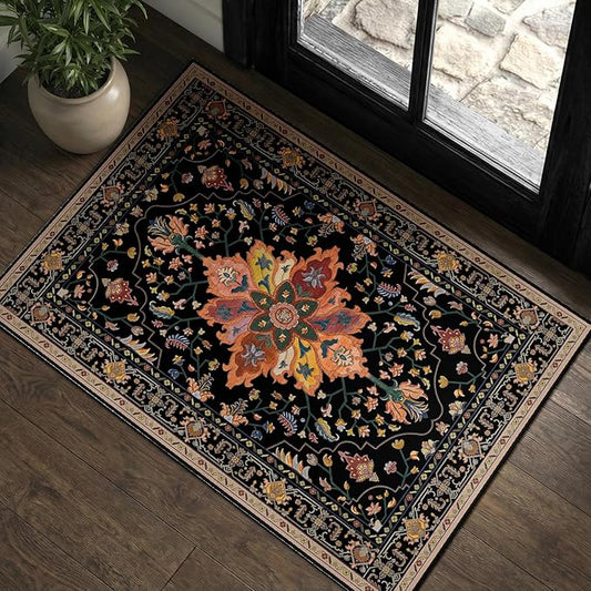 RELEANY Area Rugs Small 2'x3' Washable Non-Slip, Floral Vintage Distress Medallion Carpet for Kitchen Entryway Bathroom, Black Colorful Floral Dark Tan