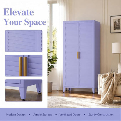 2 Door Tall Metal Storage Cabinet with 3 Adjustable Shelves,61'' Steel Locker Storage with Metal Handles and Elevated Legs,Multifunctional Storage Armoire for Home Bedroom Living Room Entryway(Purple)