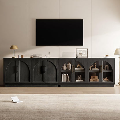 Fatmok 2-Piece Buffet Cabinet Set, Glass Display Cabinet & Solid Storage Cabinet Combo, 59” Modern Sideboard with Adjustable Shelves for Dining Room Living Room Entryway (Black Grey)
