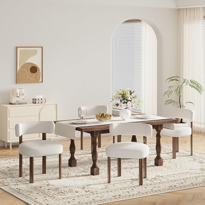 Wooden Dining Chairs Set of 4, Upholstered Kitchen Chairs with Solid Wood Legs, Mid Century Dining Room Chair with Ergonomic Curved Backrest for Kitchen Dining Vanity, Beige