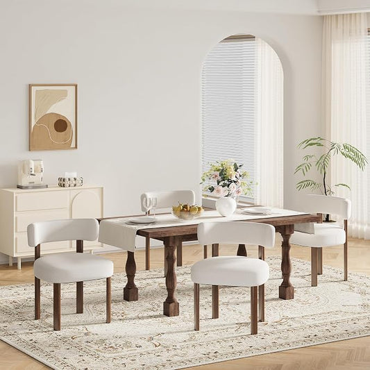 Wooden Dining Chairs Set of 4, Upholstered Kitchen Chairs with Solid Wood Legs, Mid Century Dining Room Chair with Ergonomic Curved Backrest for Kitchen Dining Vanity, Beige