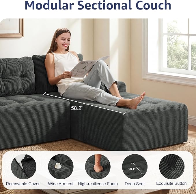 Hobestluk Modular Sectional Sofa Couches L-Shape Couch 3 Seat Modular Sofa Memory Foam Sectional Couches for Living Room, Cloud Couch with Oversized Chaise (Charcoal Corduroy, 96", Right Hand Facing)