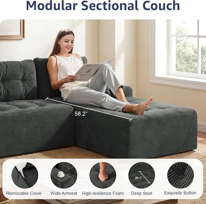 Hobestluk Modular Sectional Sofa Couches L-Shape Couch 3 Seat Modular Sofa Memory Foam Sectional Couches for Living Room, Cloud Couch with Oversized Chaise (Charcoal Corduroy, 96", Right Hand Facing)