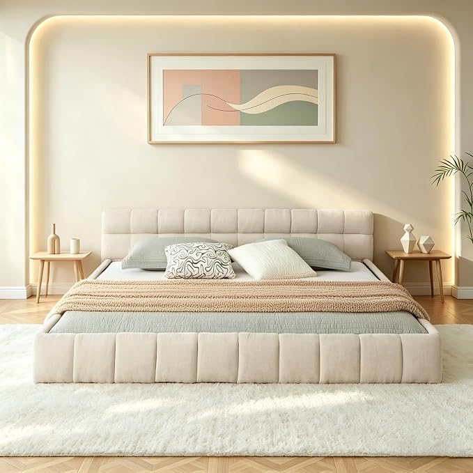 KEIKI California King Thick Chenille Platform Bed Frame with Upholstered Tufted Headboard, Modern Solid Wood Floor Platform for Bedroom, No Box Spring Needed