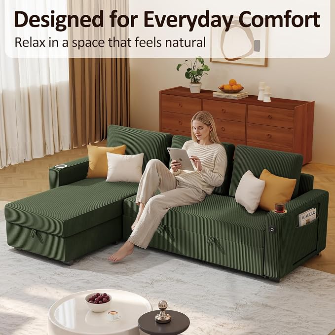 Ball & Cast 80" Sectional Sleeper Sofa Bed Pull Out Couches for Living Room | L Shaped Convertible Pull Out Sofa Bed with Storage Chaise, Foldable Table, USB Port, Cup Holder, Side Pocket for Small Space