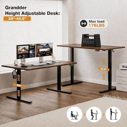 Grandder 63x32 Large Electric Standing Desk, Height Adjustable Computer Desk with 2 Memory Presets, 31.5" Deep Desktop Sit Stand Desk Home Office Desk Workstation Table with Hooks, Walnut