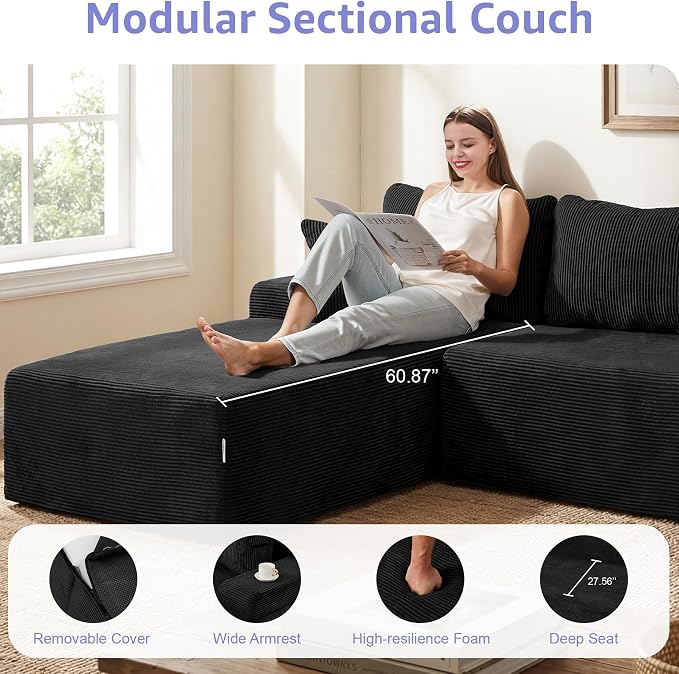 Hobestluk Modular Sectional Sofa Couches L-Shape Couch 3 Seat Modular Sofa Memory Foam Sectional Couches for Living Room, Cloud Couch with Oversized Chaise (Black Corduroy, 108", Left Hand Facing)