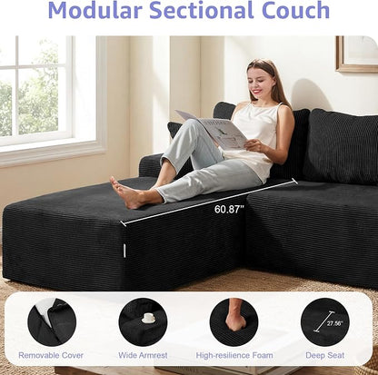 Hobestluk Modular Sectional Sofa Couches L-Shape Couch 3 Seat Modular Sofa Memory Foam Sectional Couches for Living Room, Cloud Couch with Oversized Chaise (Black Corduroy, 108", Left Hand Facing)