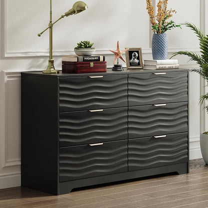 MALOL Coastline Fluted 6 Drawers Dresser for Bedroom, 48" Wide Modern Chest of TV Stand Organizers with Metal Handle, Storage Wooden Dresser Drawer for Living Room, Hallway, Closet, Black Wood