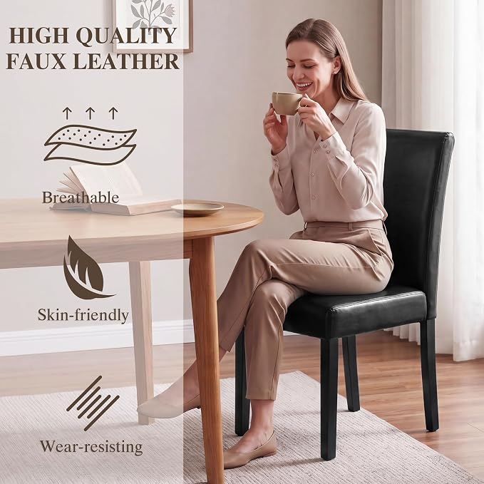 LSSBOUGHT Modern Dining Chair Set of 2 Urban Style PU Kicthen Chairs with Solid Wood Legs for Dining Room and Restaurant(Black)