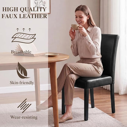 LSSBOUGHT Modern Dining Chair Set of 2 Urban Style PU Kicthen Chairs with Solid Wood Legs for Dining Room and Restaurant(Black)