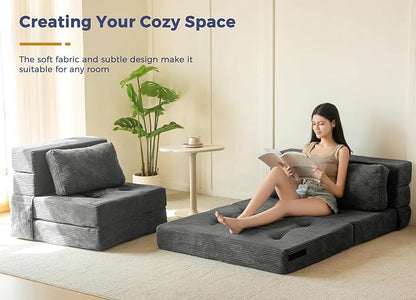 MAXYOYO Convertible Sofa Bed, Fold Out Loveseat Sofa Couch with Pillow, 4 in 1 Tufted Folding Couch Bed Foam Floor Couch, Lazy Chair for Living Room Bedroom Guest Room, Dark Grey