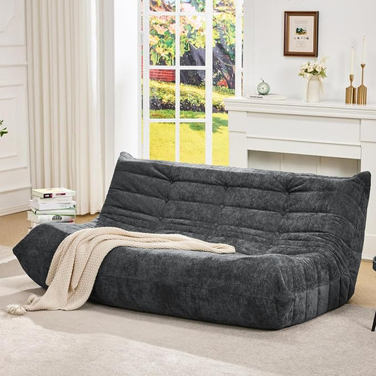 Hobestluk Giant Bean Bag Chair Faux Fur BeanBag Couch for Living Room | Darkgrey Chenille, 3-Seater,Ergonomic Design,Memory Foam,Anti-slip Bottom,No Assembly,Decorative Style for Living Room