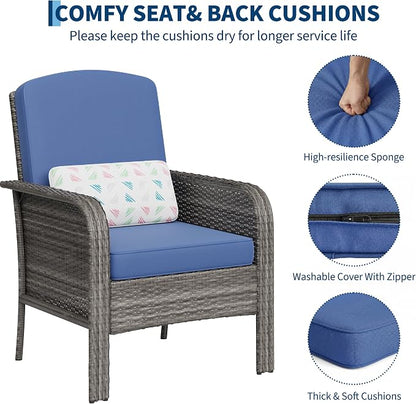 Garvee 2 Pieces Patio Furniture Set, Outdoor Wicker Chairs of 2,All Weather High Back Rattan Chairs 2-Seater with Comfy Cushions for Porch Deck,Gray & Blue