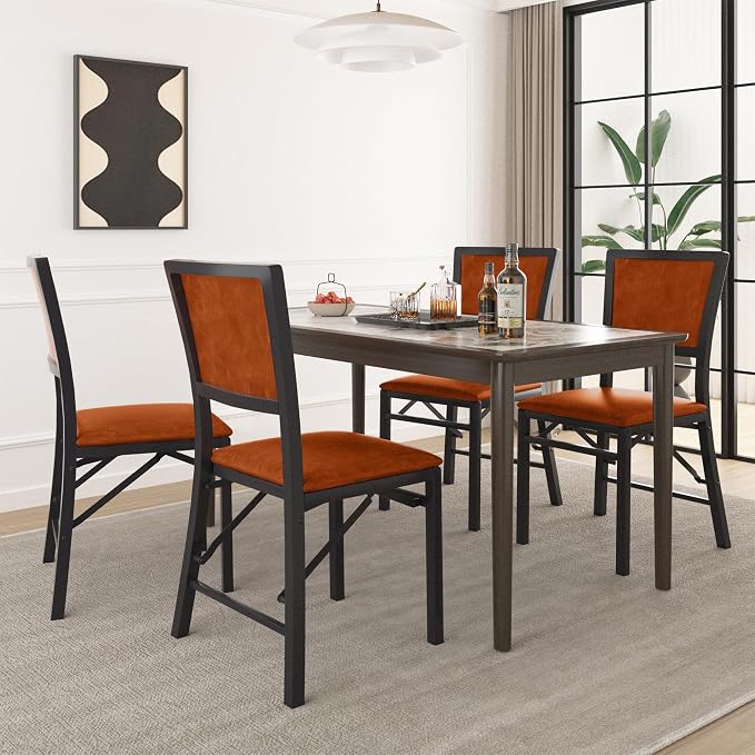 VECELO Folding Dining Chairs Set of 2, Metal Padded Foldable Seating with Comfortable Faux Leather, Space-Saving Portable Guest Seats for Kitchen & Office, No Assembly, Cognac Brown