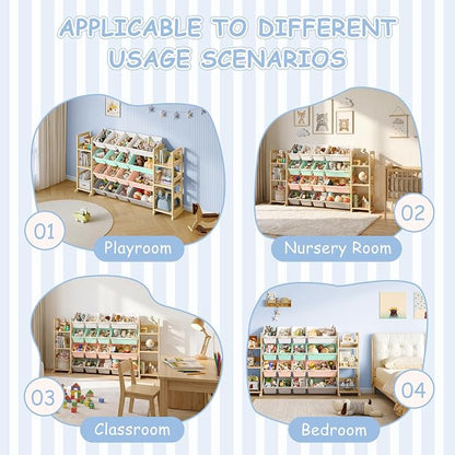 EXPERLAM Extra Large Toy Storage - Toy Storage Organizer, Wooden Toy Organizer with 6 Side Shelves and 16 Bins, 3-in-1 Bookshelf for Kids Rooms, Playroom, Nursery, Multi