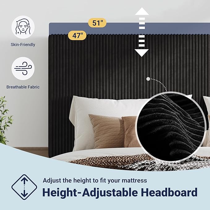 Allewie Queen Size Upholstered Bed Frame with Vertical Channel Tufted Headboard, Soft Corduroy Fabric Platform Bed, Strong Wooden Slats Support, Easy Assembly, No Box Spring Needed, Black