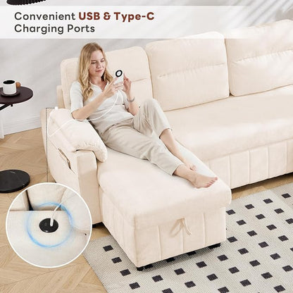 Tbfit 108'' Pull Out Sofa, Cloud Sleeper Sofa Bed with USB & 2 Storage Chaises, Comfy Oersized U Shaped Convertible Sectional Sleeper Couches for Living Room, Apartment, Office, Beige