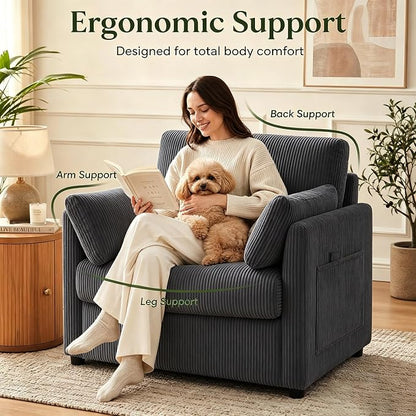 38" Modern Accent Chair, Corduroy Chair with Soft Pillows and Side Pockets, Comfy Single Reading Chairs for Living Room, Bedroom Grey