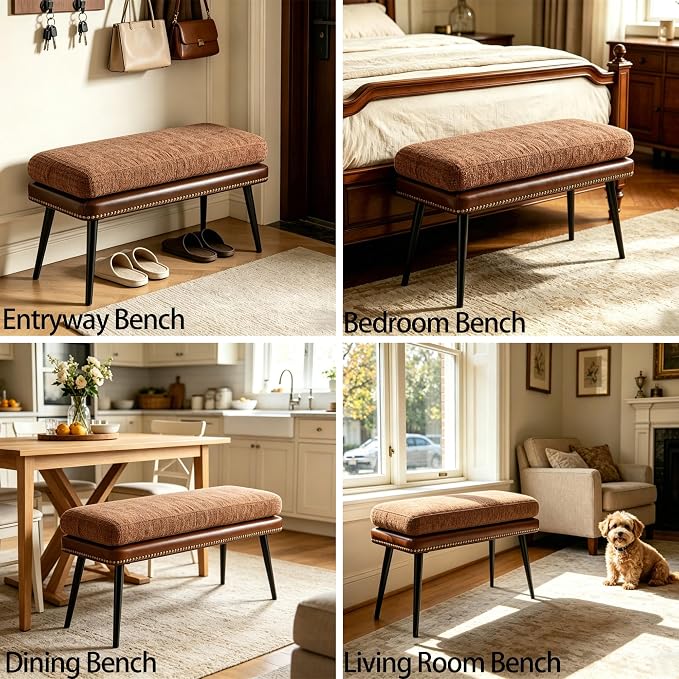 Forteek 32" Retro Upholstered Entryway Bench, Shoe Bench with Cushion | Leather & Fabric Padded Bench, End of Bed Bench for Bedroom, Dining Bench for Living Room, Storage Bench for Hallway & Foyer