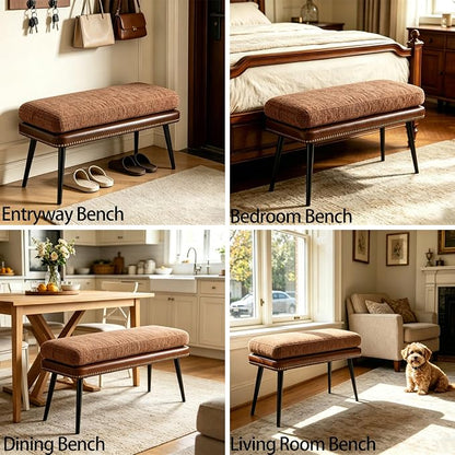 Forteek 32" Retro Upholstered Entryway Bench, Shoe Bench with Cushion | Leather & Fabric Padded Bench, End of Bed Bench for Bedroom, Dining Bench for Living Room, Storage Bench for Hallway & Foyer