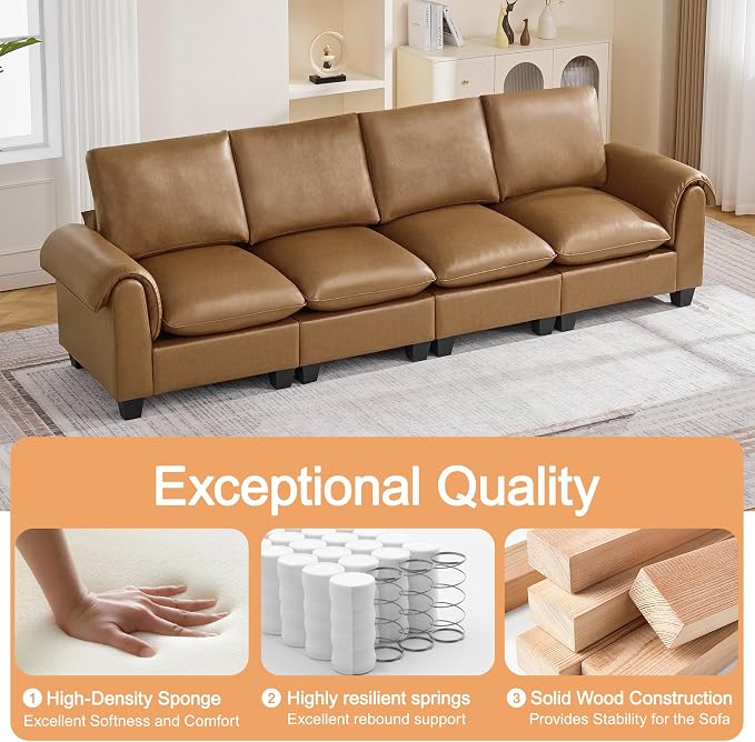 118" Faux Leather Modular Sectional Upholstered Sofa, Oversized 4 Seater Couch with Curved Armrests, Cloud Modern Upholstered Deep Seat Sofa for Living Room, Light Brown