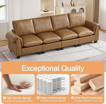 118" Faux Leather Modular Sectional Upholstered Sofa, Oversized 4 Seater Couch with Curved Armrests, Cloud Modern Upholstered Deep Seat Sofa for Living Room, Light Brown