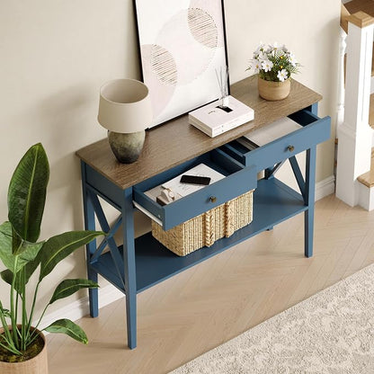 ChooChoo Console Table with Drawers, Narrow Wood Accent Sofa Table Entryway Table with Storage Shelf for Entryway, Front Hall, Hallway, Living Room, Blue