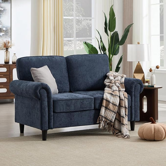 Kingfun Loveseat 2 Seater Couch, Mid Century Modern Chenille Sofa with Rolled Arms and Deep Seats, Fluffy Comfort for Living Room, Apartment, Easy Assembly, Blue