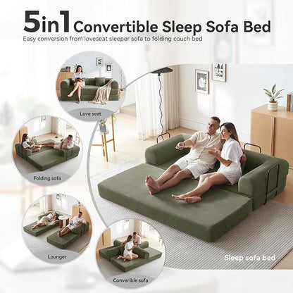 Sleeper Sofa, Comfy Convertible Folding Couch-Futon-Corduroy Fabric Sleeper Sofa Bed with 2 Pillow, Removable Soft Cushion for Small Living Room Dorm/Bedroom/College/Office (Light Green)