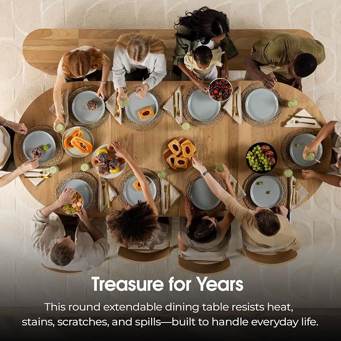 Transformer Table - Solid Wood Extendable Round Dining Table Set with 2 Benches, Seats 4-10, Extendable Round Dining Set, Bench with Panel Storage, Natural (Table + 2 Benches)