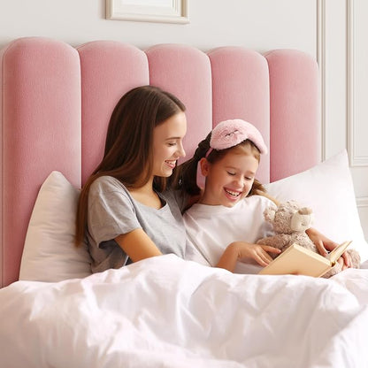 GarveeHome Twin Bed Frame with Under-Bed Drawer, Upholstered Platform Bed with Wave Headboard for Kids/Girls, Wooden Slats Support, No Box Spring Needed, Velvet Pink