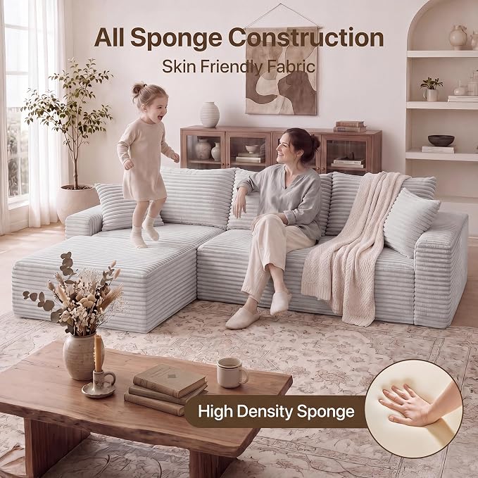 Claiks 94" Boneless Couch, Cloud Couch Sectional, L-Shape Corduroy Modular Sectional Sofa Deep Seat, Upholstered Couches for Living Room, No Assembly Required, Light Grey