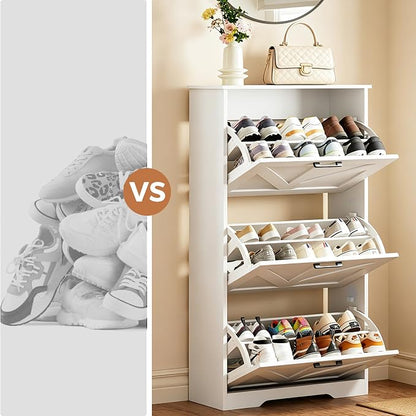 Homleke Farmhouse Shoe Cabinet for Entryway with 3 Barn-Style Flip Drawers, Narrow Shoe Storage Organizer with Top Display Shelf, Adjustable Shelves, Shoe Rack for Hallway, Closet- (White, 24" Wide)