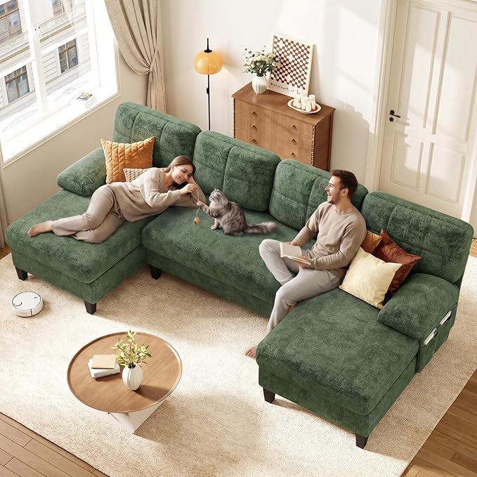 KKL U-Shaped Sectional Couch for Living Room | 112" Sectional Sofa with Double Chaise, Modern Sofa Deep Seat Couches for Living Room, Apartment, Office, Green