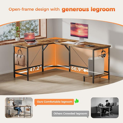 Mericonia 66 inch Large L Shaped Desk, Simple Corner Gaming Desk with CPU Stand & Hooks, Computer Desk for Home, Bedroom & Office Workspace, Rustic Brown