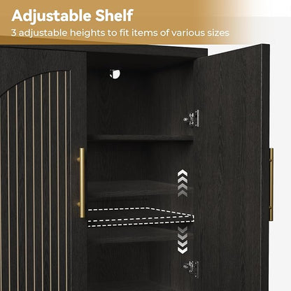 MapleGrace 63" Fluted Buffet Cabinet with Storage, Modern Symmetrical Arched Sideboard Credenza with Adjustable Shelf, Elegant Wood Console Table for Dining Room, Kitchen, Living Room(Black)