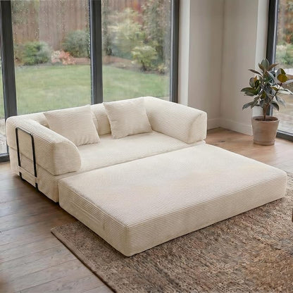 59“ Convertible Floor Sofa Bed, 5-in-1 Futon Sofa Bed Modular Sleeper Couch, Corduroy Pull Out Loveseat with Curved Armrest, Boneless Couches for Living Room, No Assembly Required, Beige White